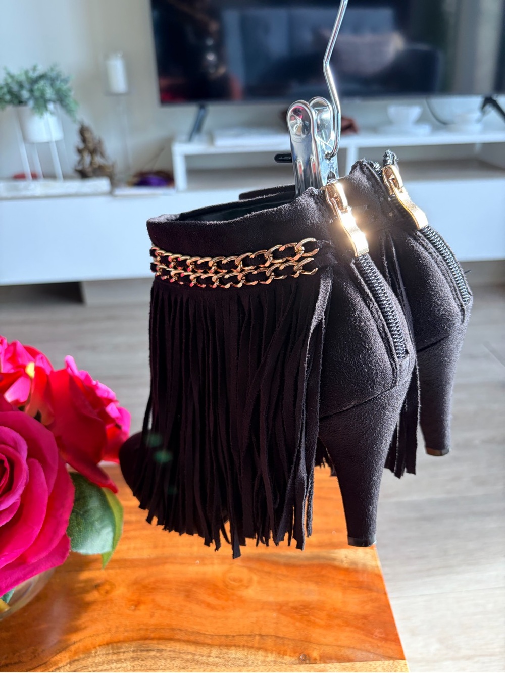 GC Shoes Fringe Chain Ankle Booties - Black